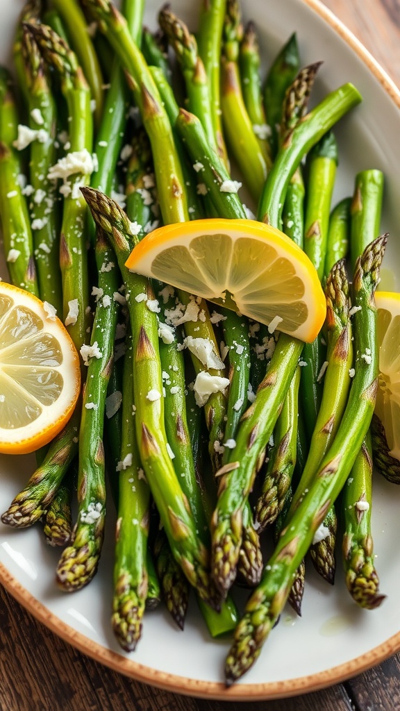 Grilled baby asparagus topped with Parmesan cheese and lemon wedges on a rustic table.